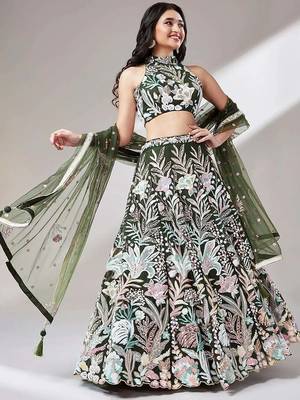 olive net embroidered lehenga choli with dupatta 1