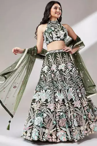 olive net embroidered lehenga choli with dupatta