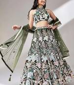 olive net embroidered lehenga choli with dupatta