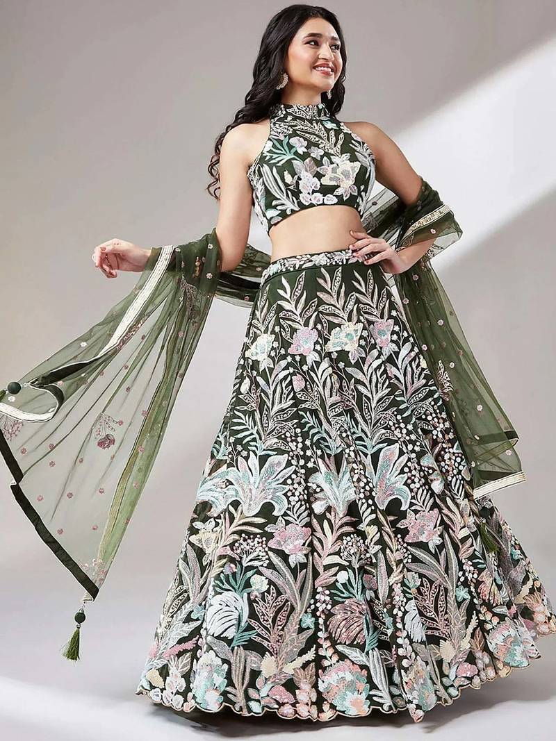olive net embroidered lehenga choli with dupatta