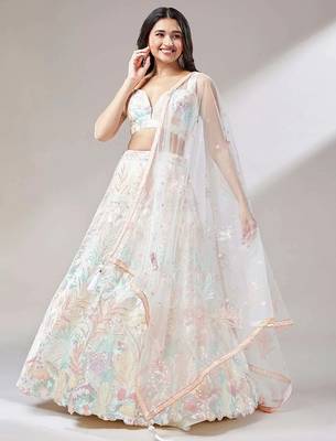 off white net embroidered lehenga choli with dupatta 1