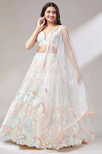 off white net embroidered lehenga choli with dupatta