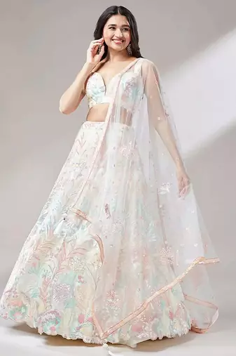 off white net embroidered lehenga choli with dupatta