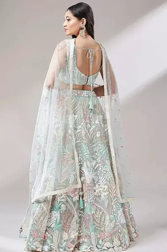 light green net embroidered lehenga choli with dupatta