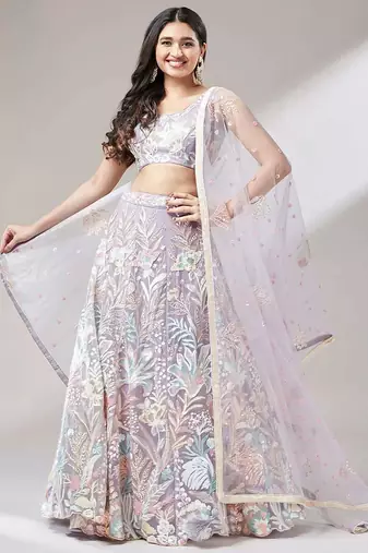 lavender net embroidered lehenga choli with dupatta
