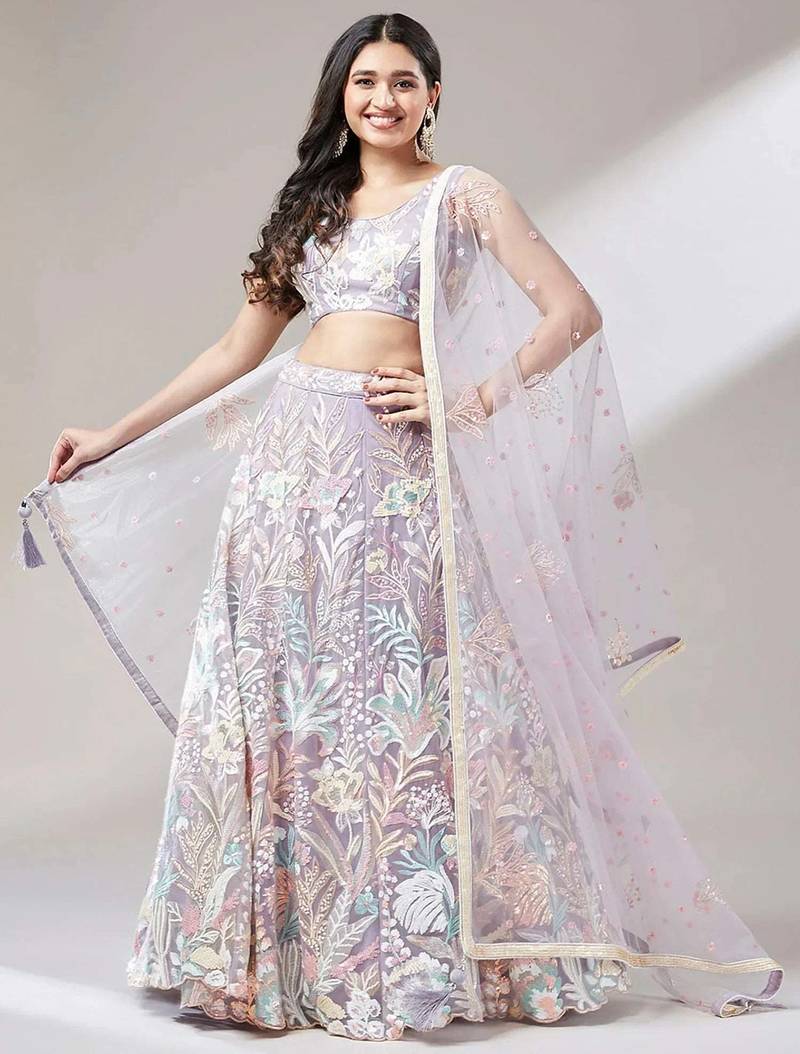 lavender net embroidered lehenga choli with dupatta