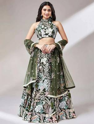 olive net embroidered lehenga choli with dupatta 2