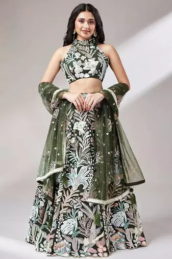 olive net embroidered lehenga choli with dupatta