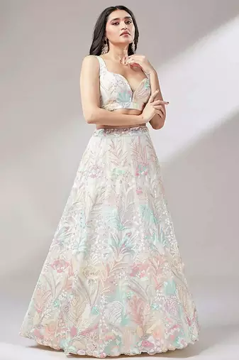 off white net embroidered lehenga choli with dupatta
