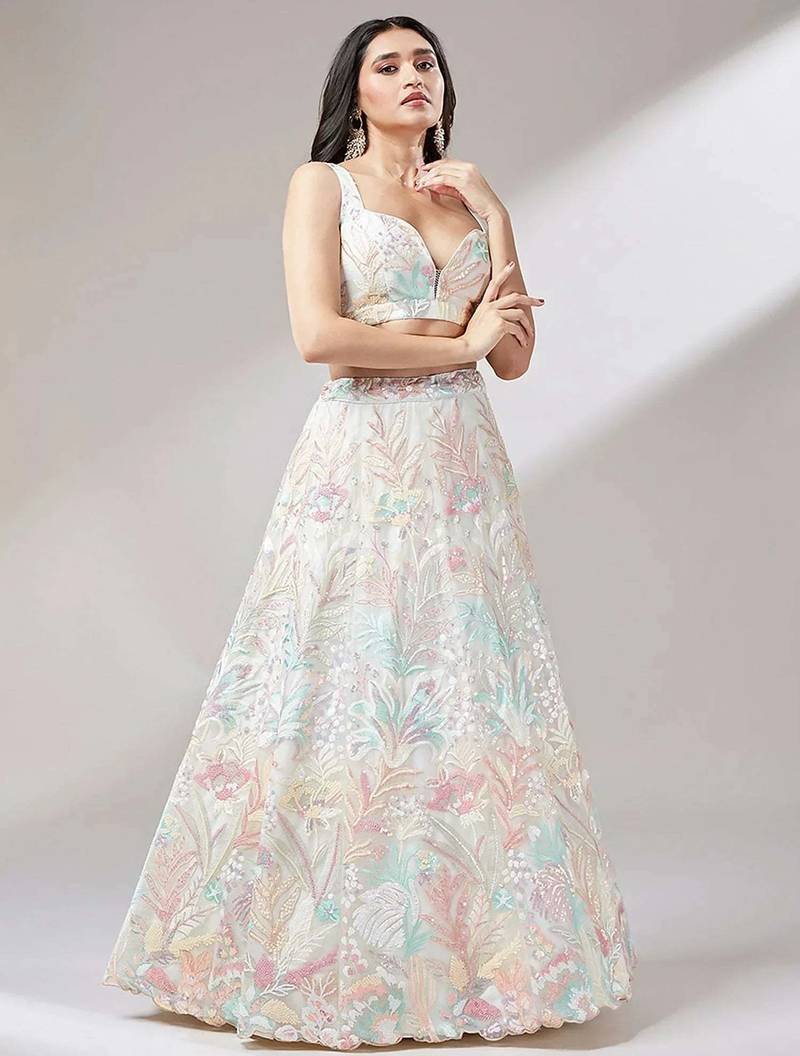 off white net embroidered lehenga choli with dupatta