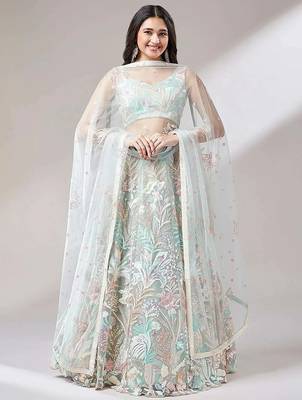 light green net embroidered lehenga choli with dupatta 4