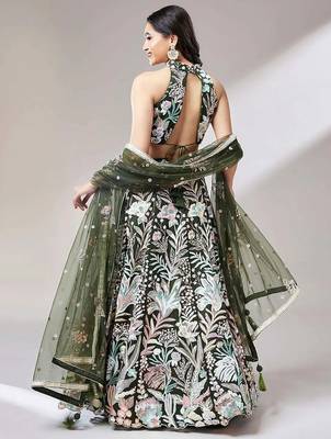 olive net embroidered lehenga choli with dupatta 3