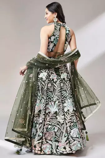 olive net embroidered lehenga choli with dupatta