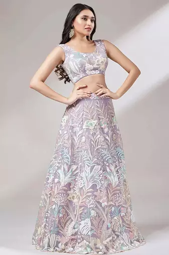 lavender net embroidered lehenga choli with dupatta