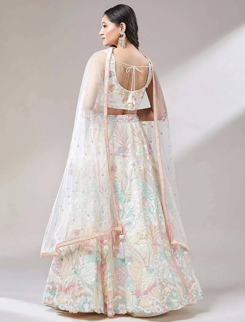 off white net embroidered lehenga choli with dupatta