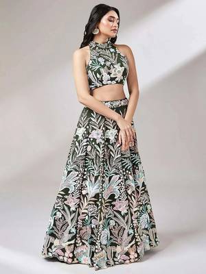 olive net embroidered lehenga choli with dupatta 4