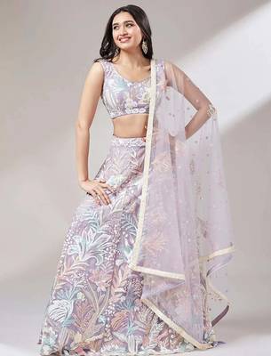 lavender net embroidered lehenga choli with dupatta 3