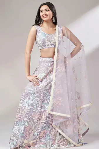 lavender net embroidered lehenga choli with dupatta