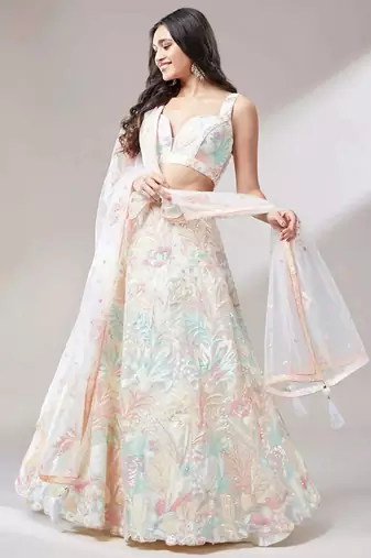 off white net embroidered lehenga choli with dupatta