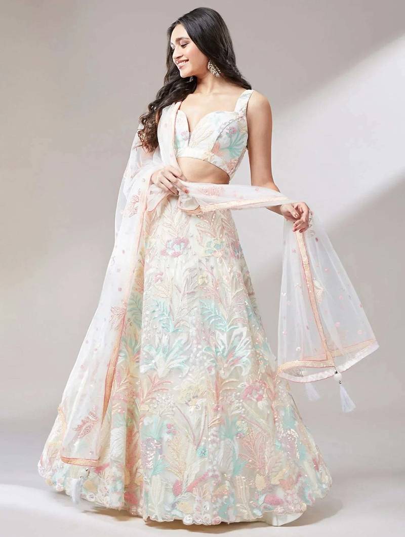 off white net embroidered lehenga choli with dupatta