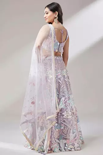 lavender net embroidered lehenga choli with dupatta
