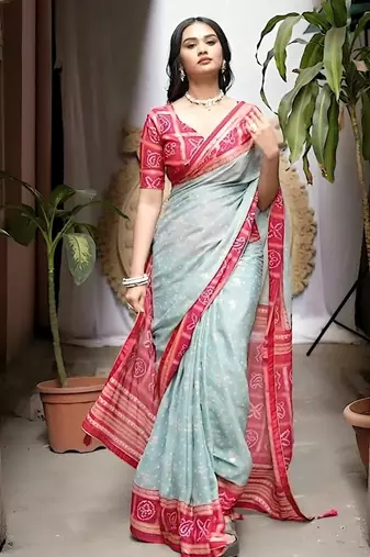sky blue bandhani moss silk saree with unstitched blouse