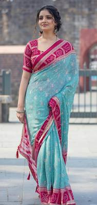 sky blue bandhani moss silk saree with unstitched blouse 1