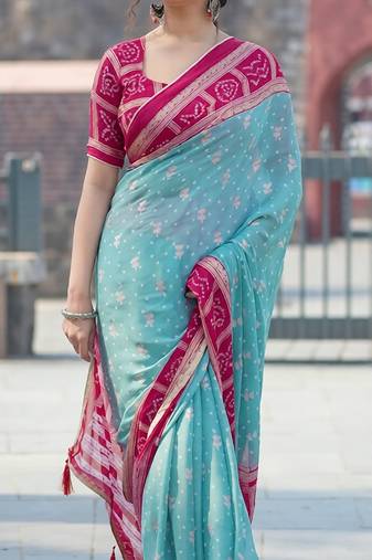 sky blue bandhani moss silk saree with unstitched blouse