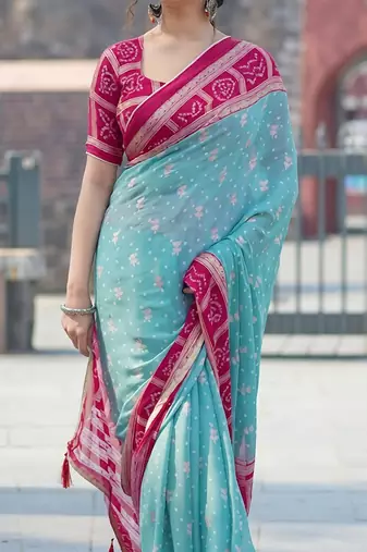 sky blue bandhani moss silk saree with unstitched blouse