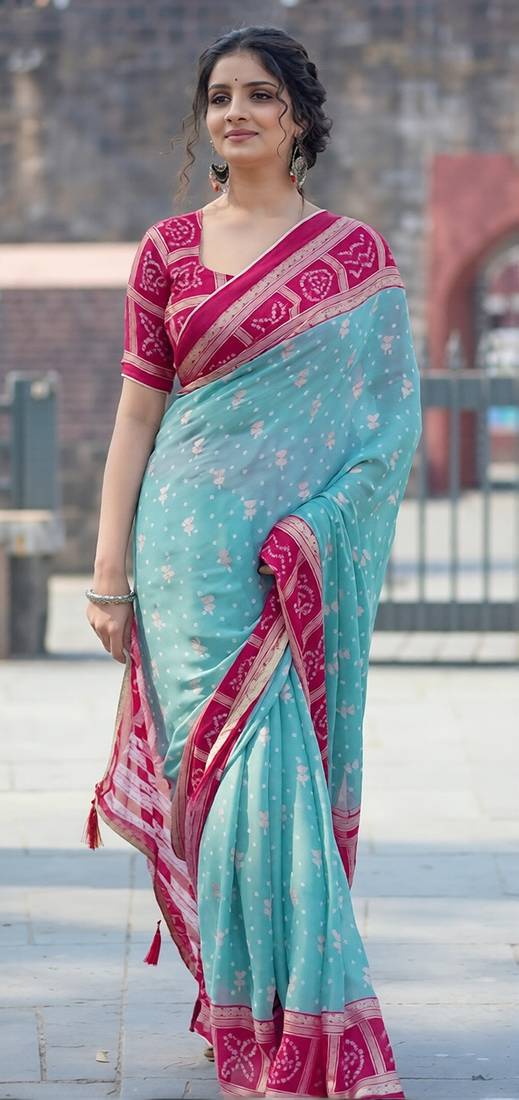 sky blue bandhani moss silk saree with unstitched blouse
