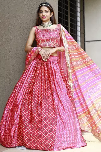pink chiffon embroidered lehenga choli with dupatta