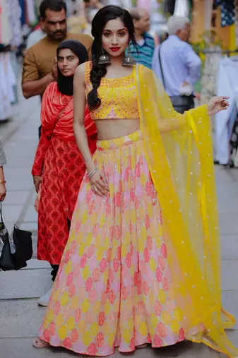 yellow chiffon embroidered lehenga choli with dupatta