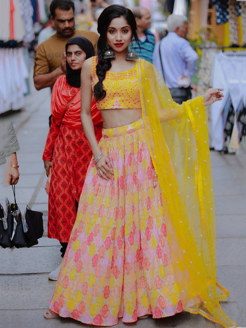 yellow chiffon embroidered lehenga choli with dupatta