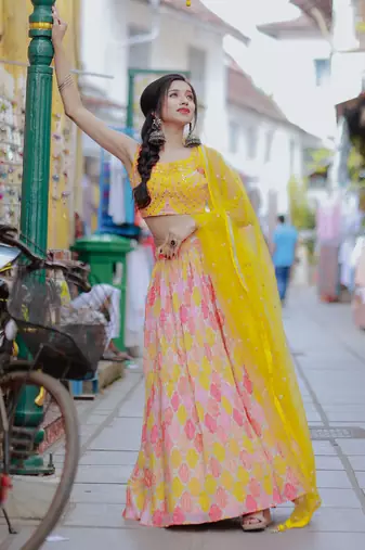 yellow chiffon embroidered lehenga choli with dupatta