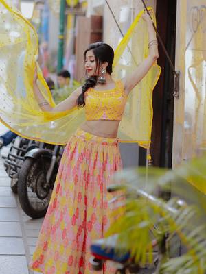 yellow chiffon embroidered lehenga choli with dupatta 4