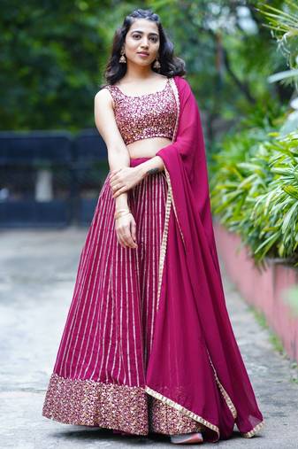 wine georgette embroidered lehenga choli with dupatta
