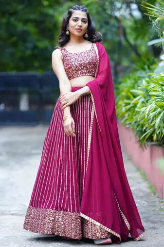wine georgette embroidered lehenga choli with dupatta