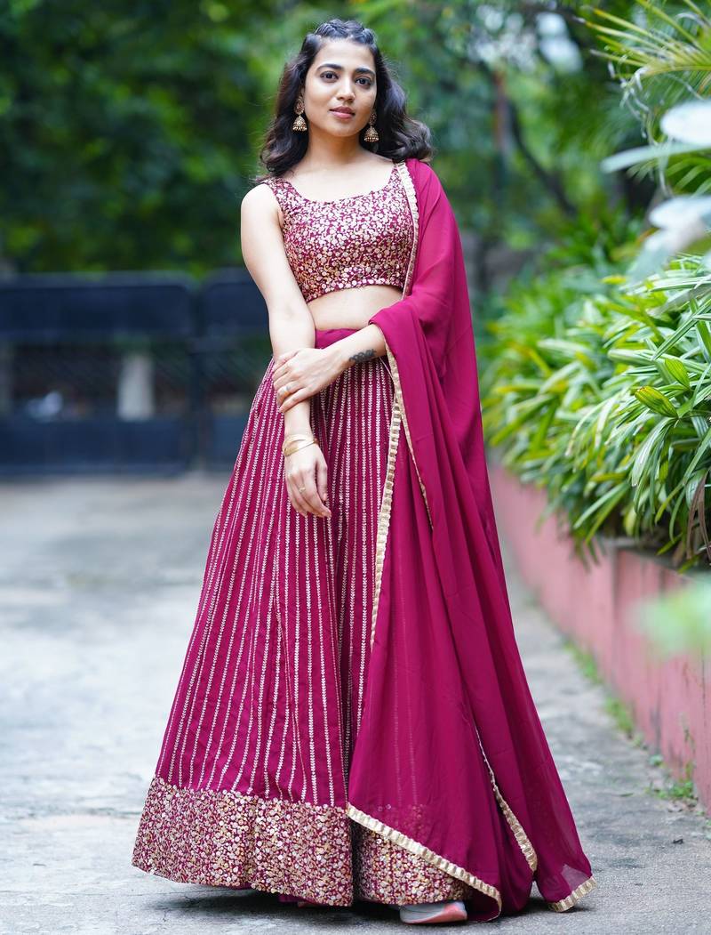 wine georgette embroidered lehenga choli with dupatta