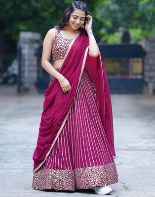 wine georgette embroidered lehenga choli with dupatta 2