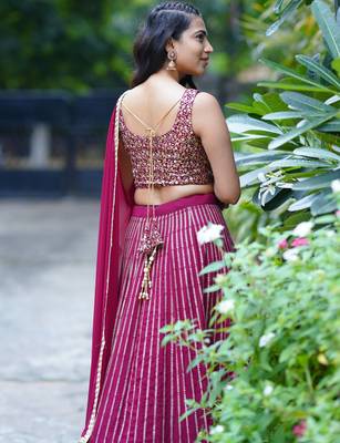 wine georgette embroidered lehenga choli with dupatta 3