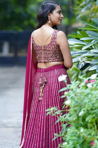 wine georgette embroidered lehenga choli with dupatta
