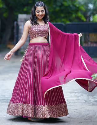 wine georgette embroidered lehenga choli with dupatta 4