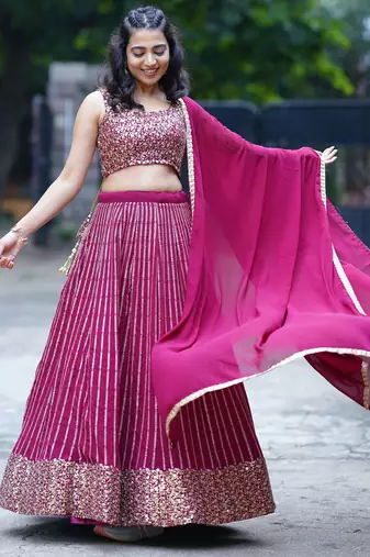 wine georgette embroidered lehenga choli with dupatta