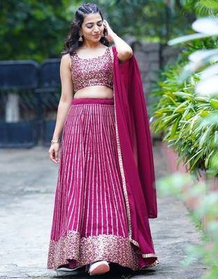 wine georgette embroidered lehenga choli with dupatta 5
