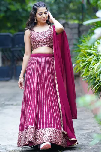wine georgette embroidered lehenga choli with dupatta