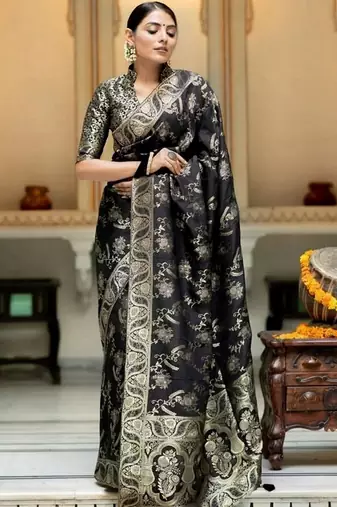 Black woven art silk saree with blouse