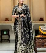 Black woven art silk saree with blouse
