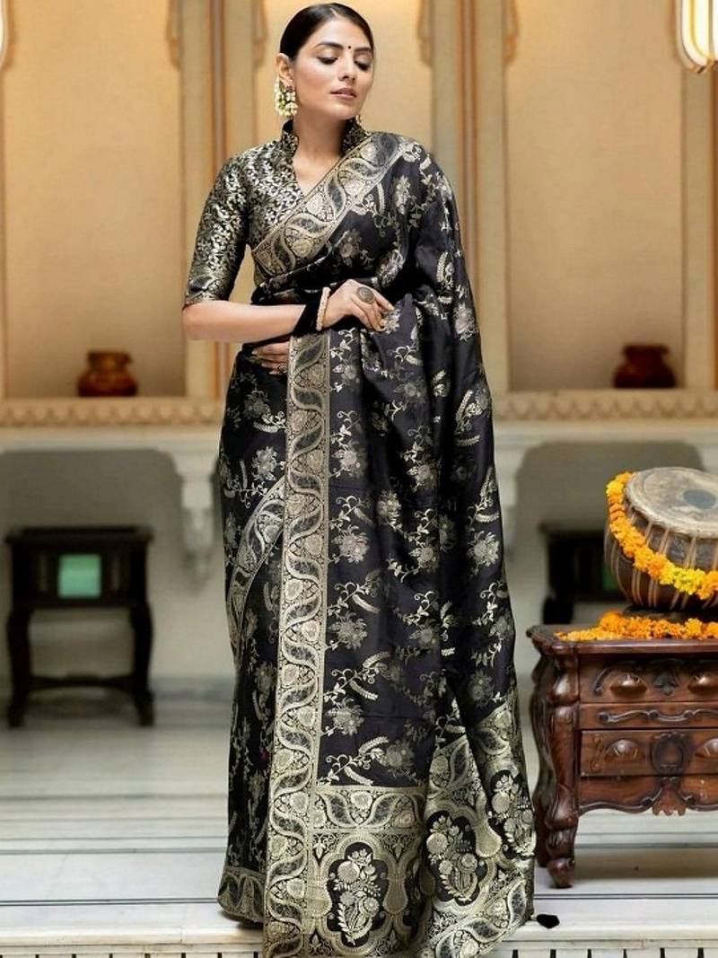 Black woven art silk saree with blouse