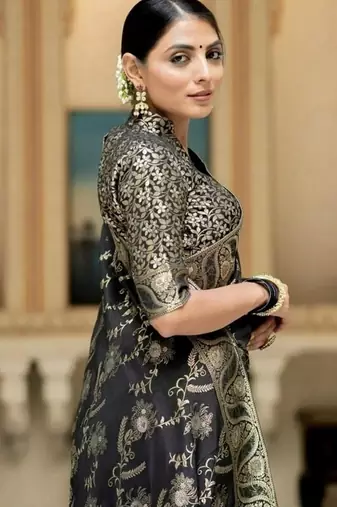 Black woven art silk saree with blouse