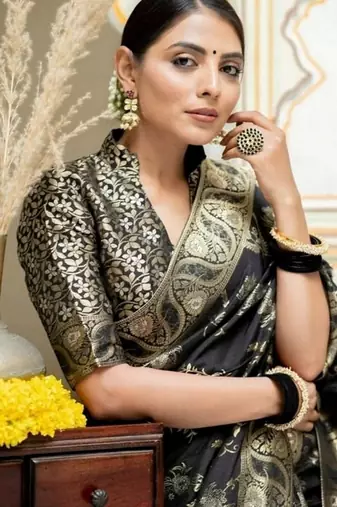 Black woven art silk saree with blouse